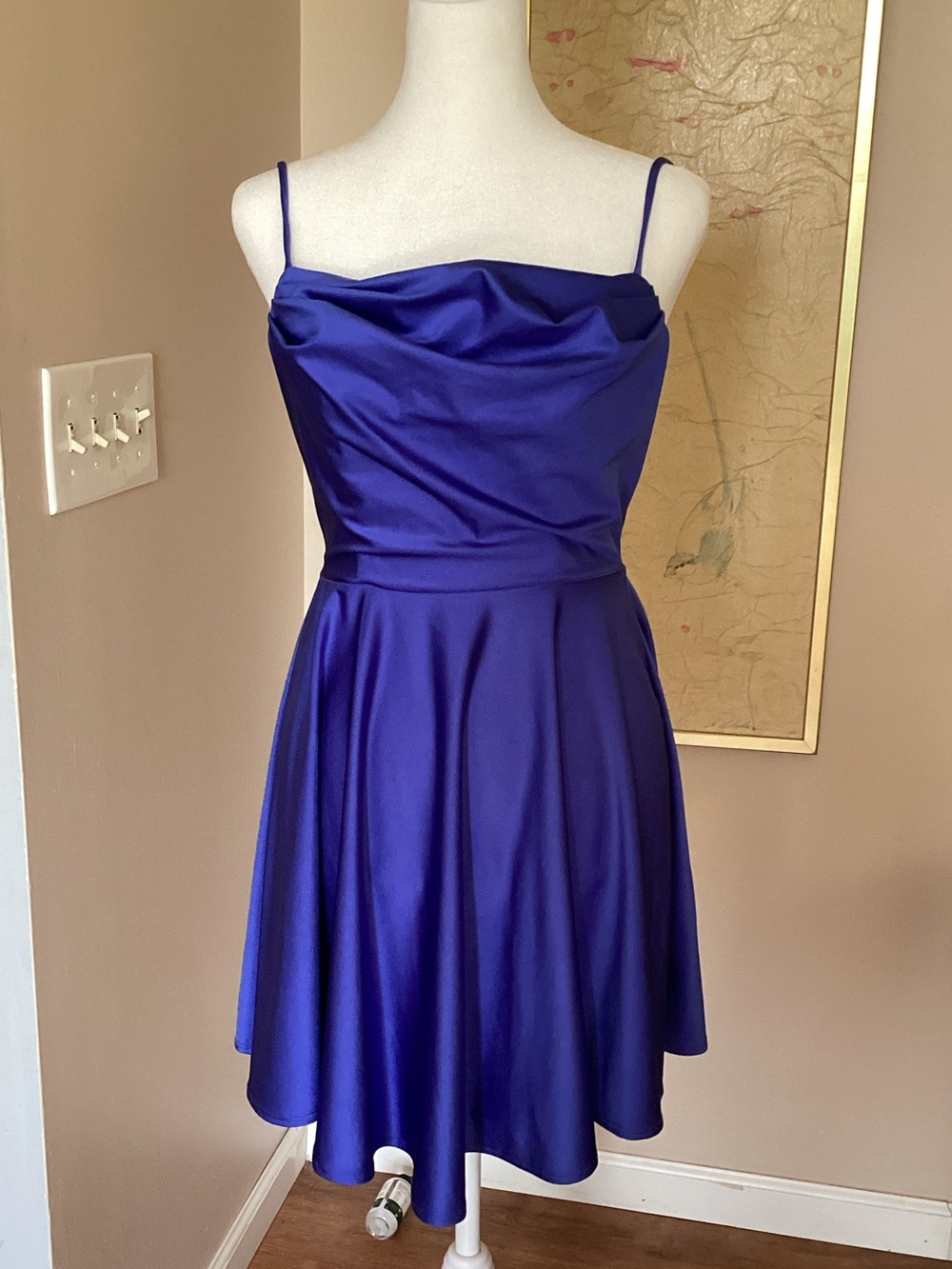 City Studio Cobalt Satin Cowl Neck Mini Dress